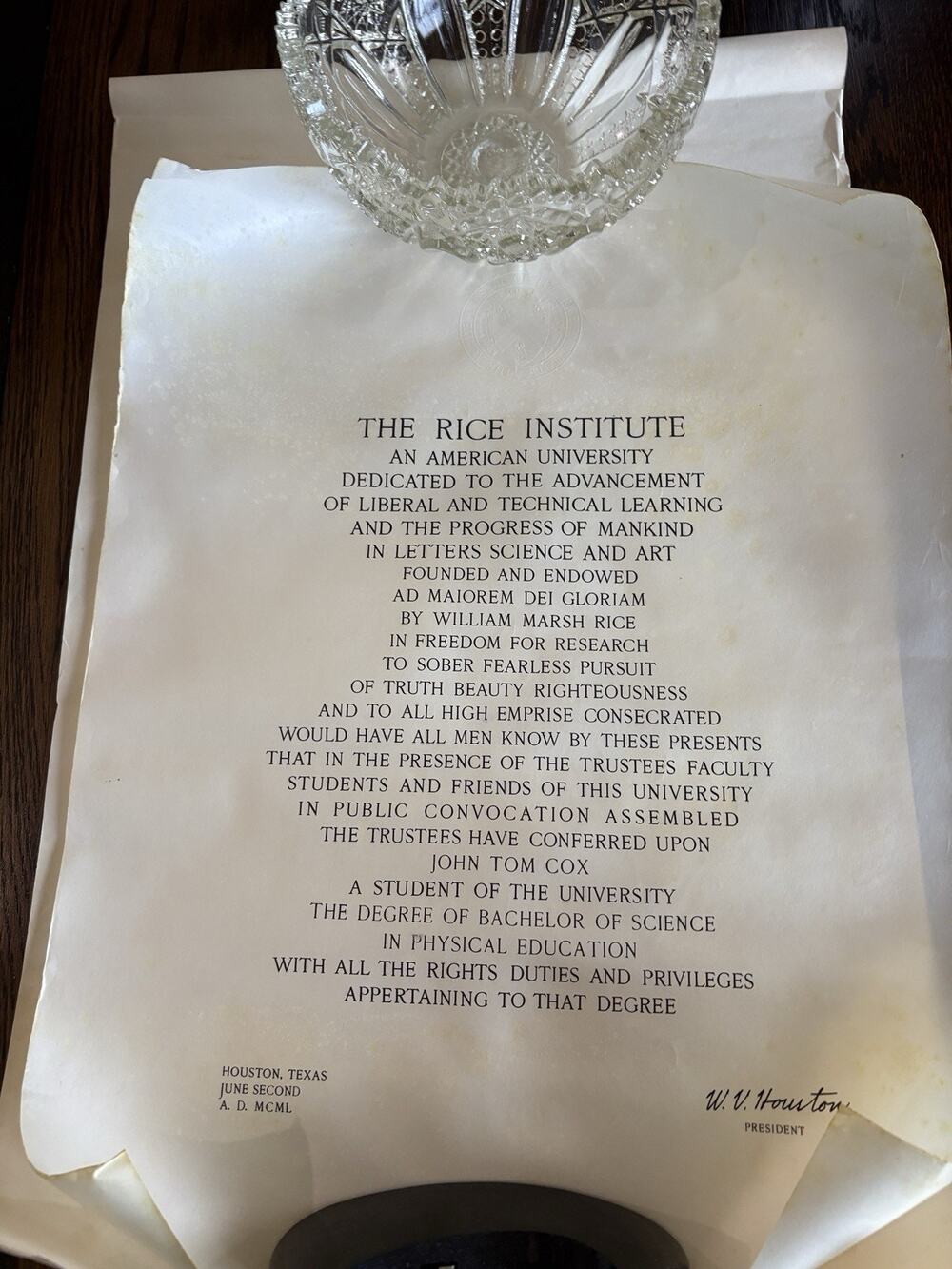 1950 Rice Institute Sheepskin Diploma Tom Cox Hall of Fame Track Athlete